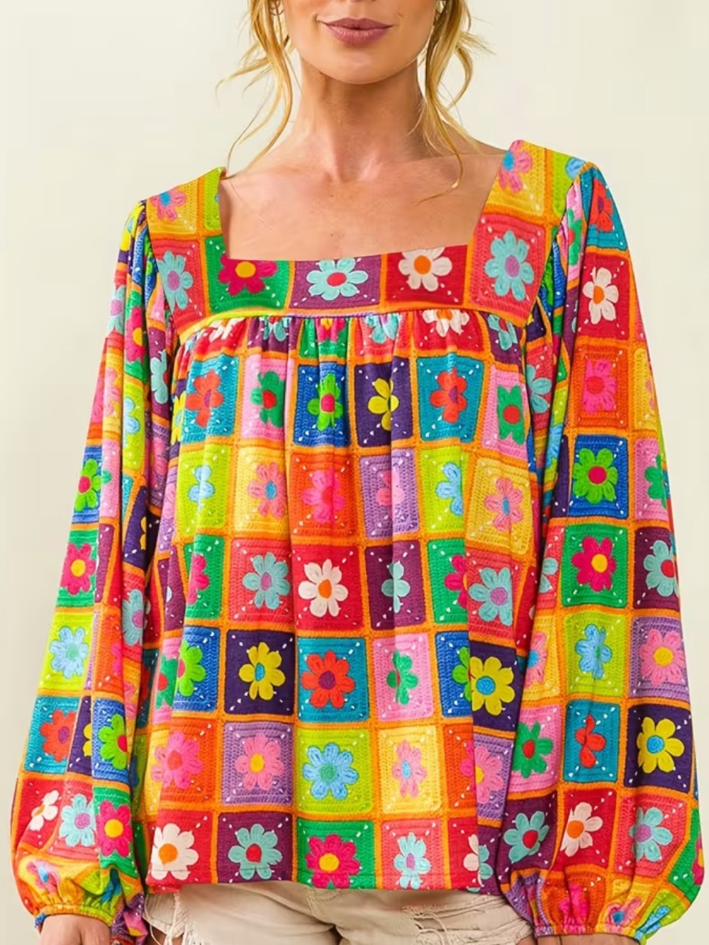 Colorful Floral Patchwork Square-Neck Blouse - Multi - Picture 2 of 6
